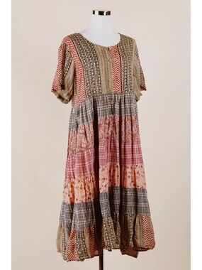 Sz M Vtg La Cera 100% Cotton Cottagecore Patchwork Tiered Midi Dress GUC